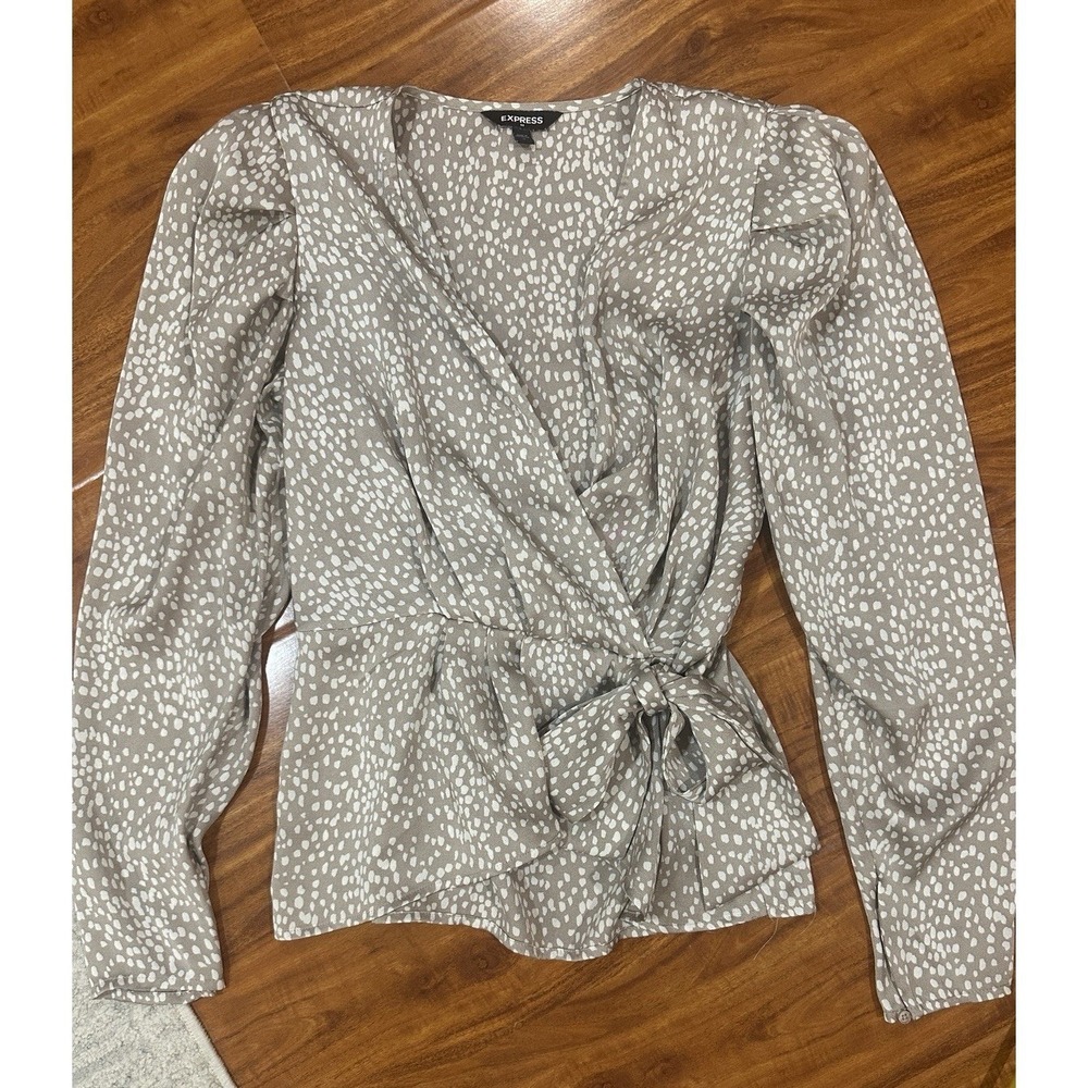 Express Faux Wrap Top Blouse Tan Beige Womens M Animal Print Long Sleeve V Neck